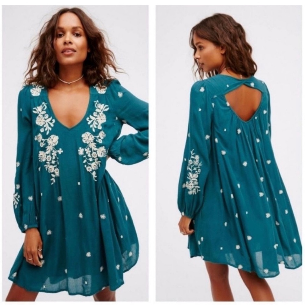 XS Free People Sweet Tennessee Green Embroidered Mini Dress - EUC